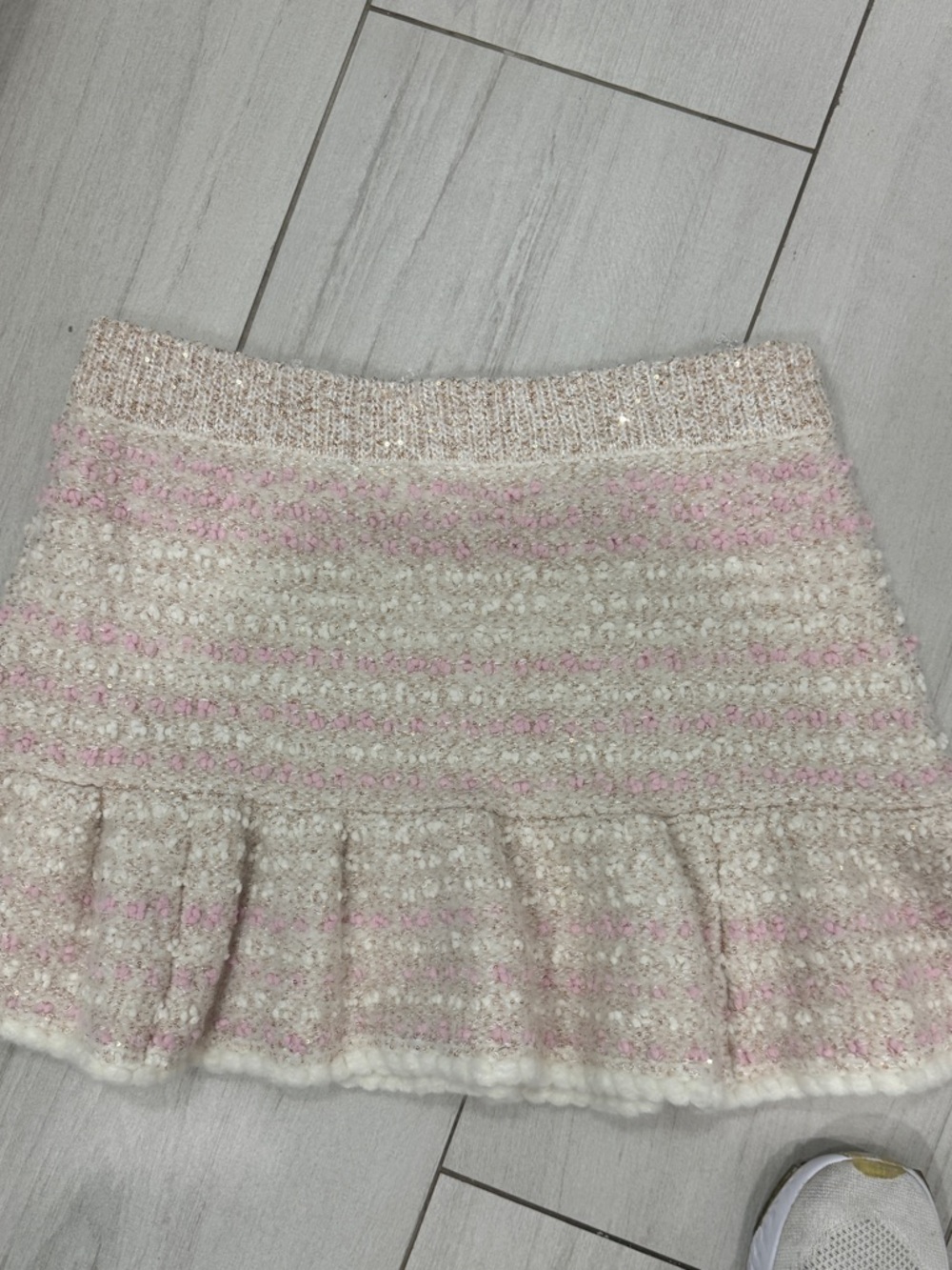 LoveShackFancy Pink and Cream Striped Ruffle-Hem Knit Mini Skirt